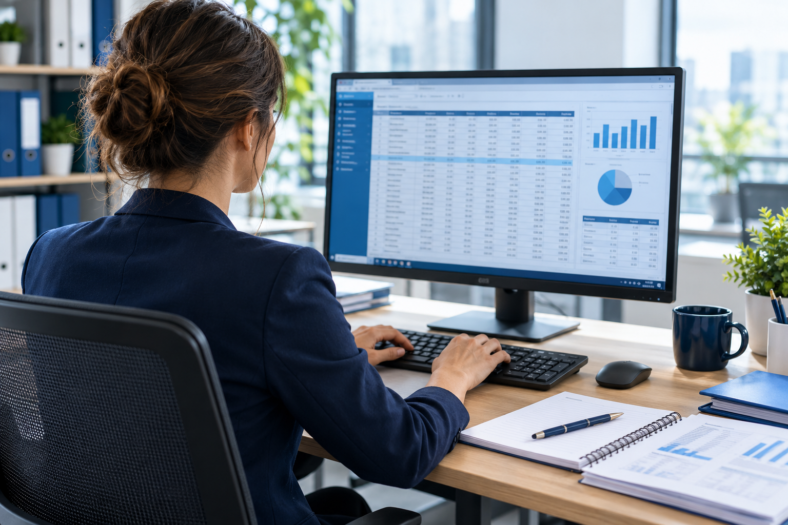 Accounting clerk processing financial records at a computer, viewed from behind