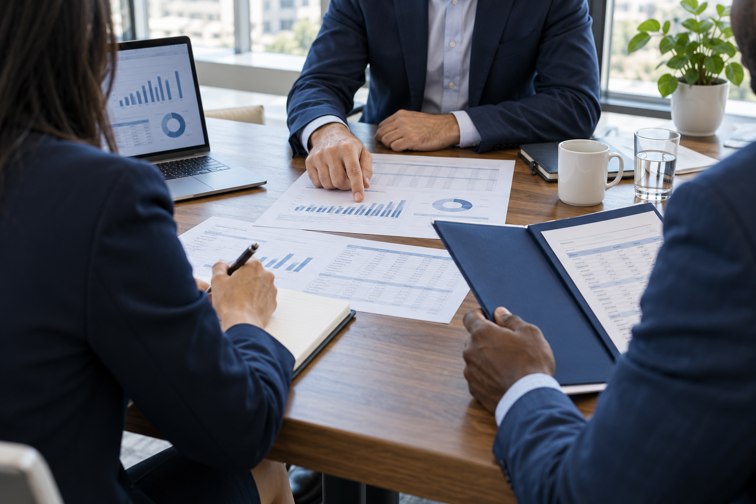 Illustrative scene of auditors reviewing financial records with a client