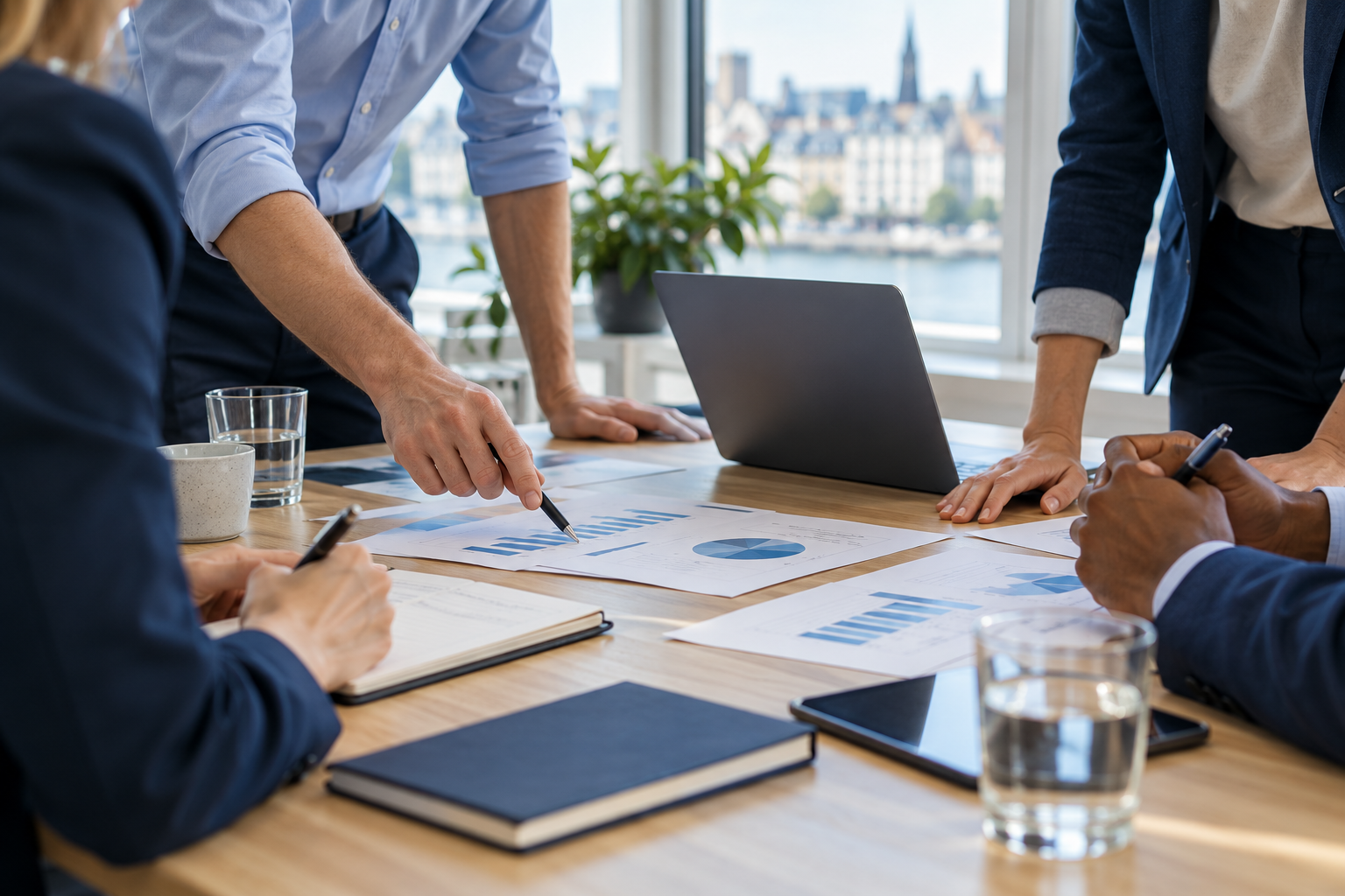 Illustrative image of business professionals collaborating over financial charts, with faces out of view